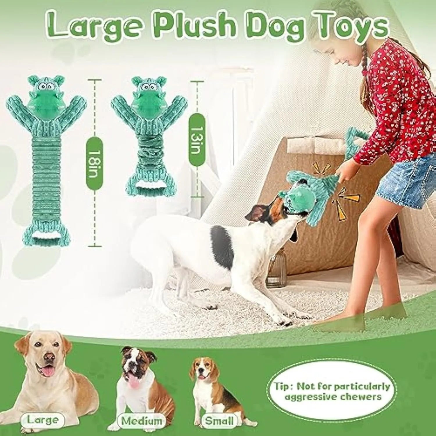 Large green plush hippo dog toy with a handle, shown as an interactive squeaky and crinkle chew toy