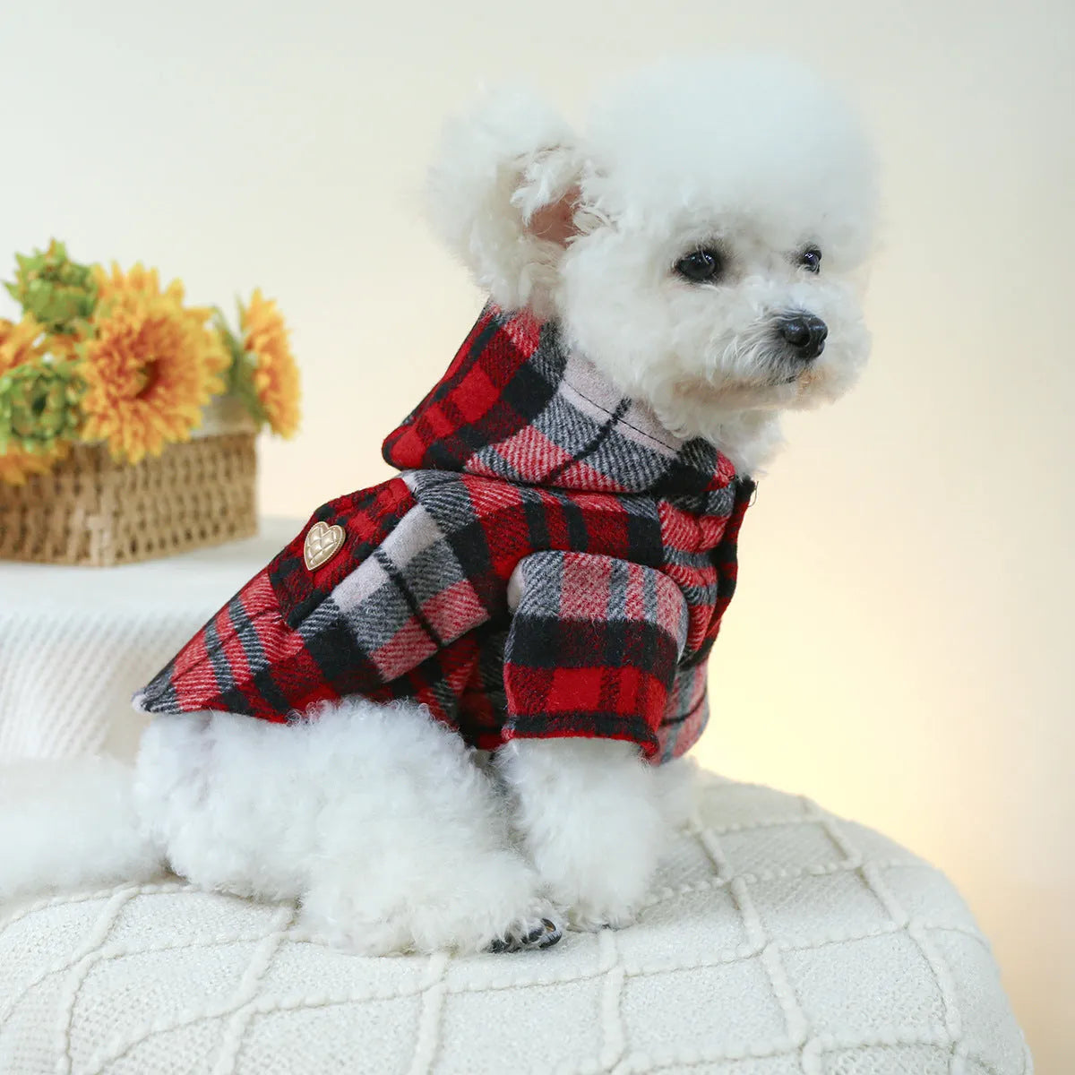 Red plaid dog trench coat for autumn and winter warmth in casual pet clothing style