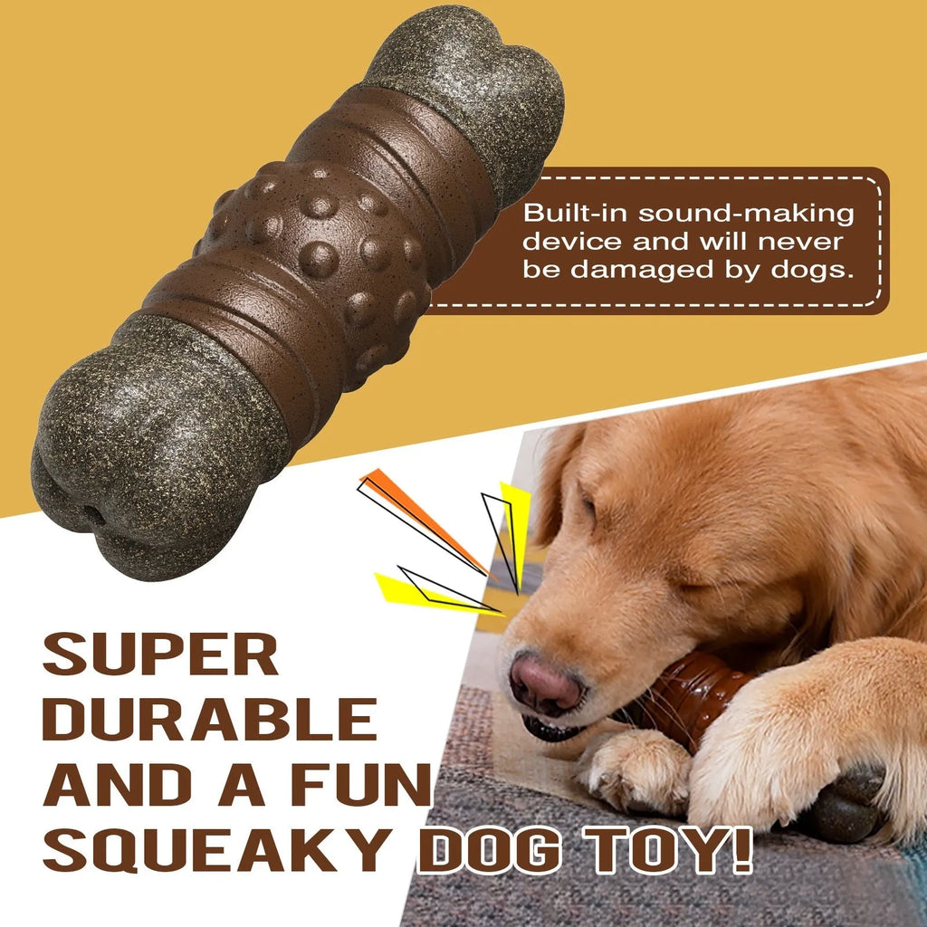 Wood colour plastic sounding bone dog toothbrush toy with textured molar rod surfaces