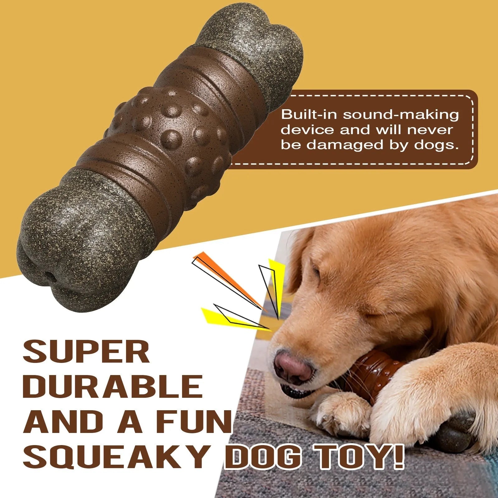 Wood colour plastic sounding bone dog toothbrush toy with textured molar rod surfaces