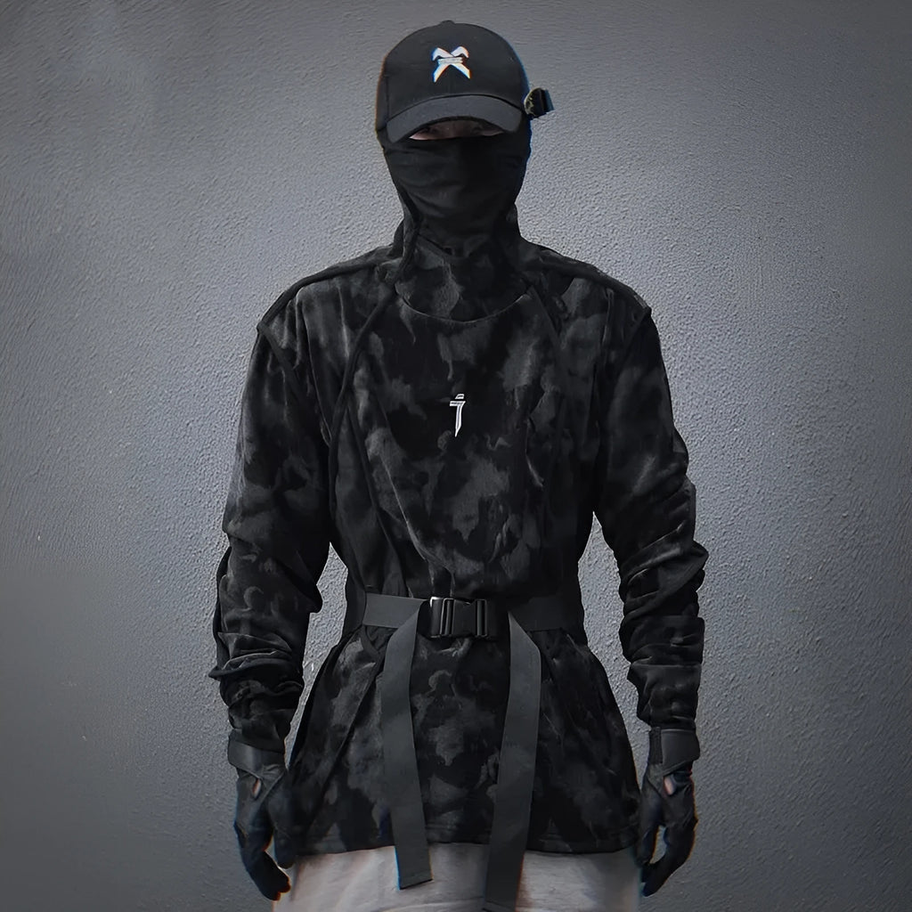 Men's black tie dye sweater with finger turtleneck collar and drop-shoulder sleeves