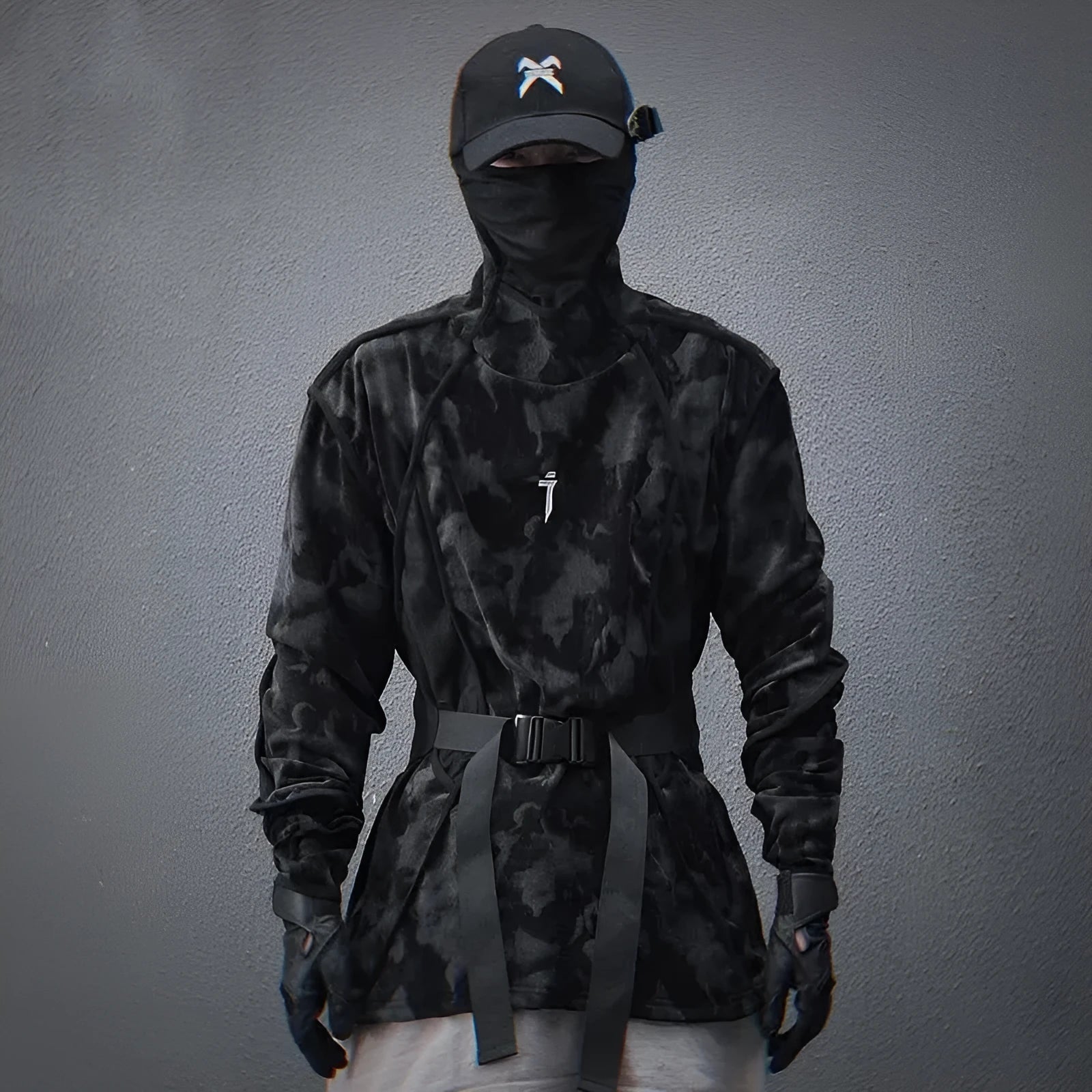 Men's black tie dye sweater with finger turtleneck collar and drop-shoulder sleeves