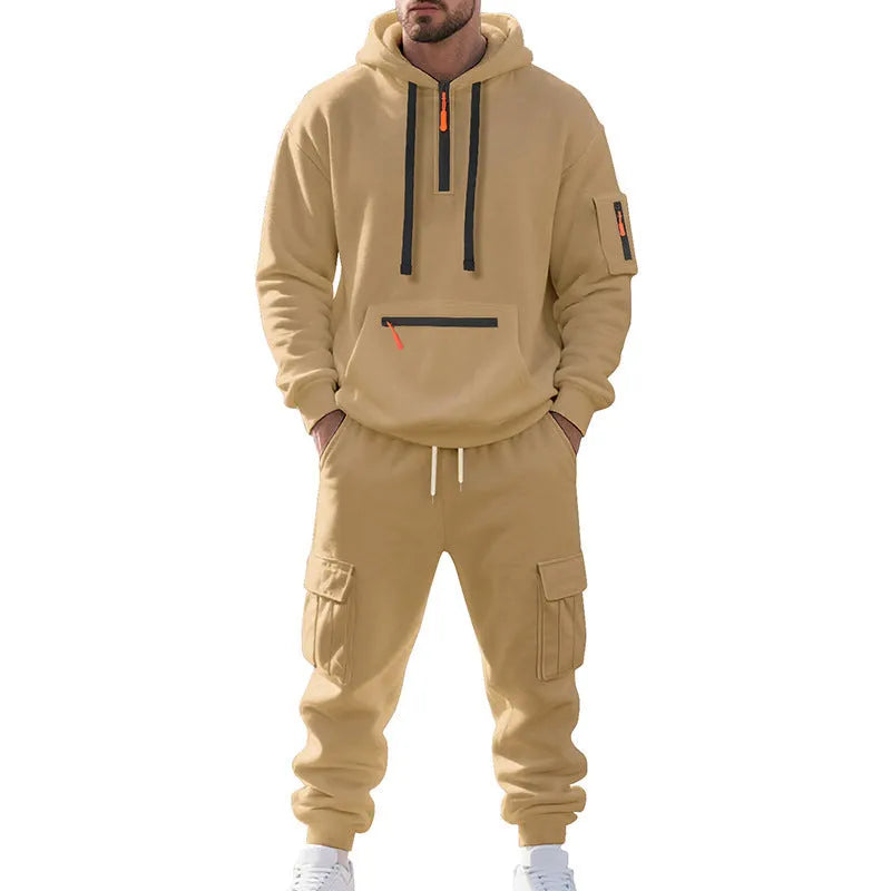 Men's loose two-piece hoodie set with fleece-lined hood, zip front, and multi-pocket top in dark gray.