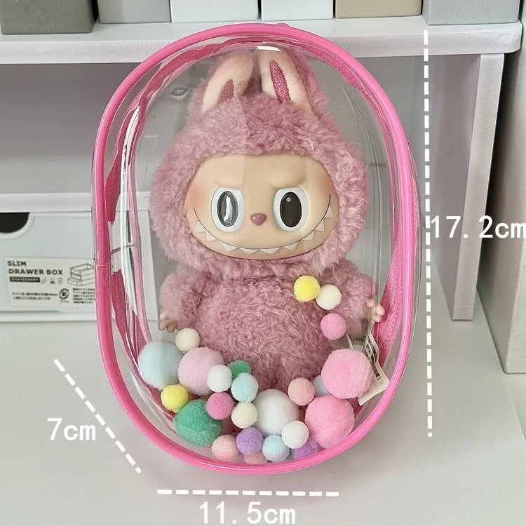 17cm transparent PVC cotton doll storage bag with keychain in avocado green colour