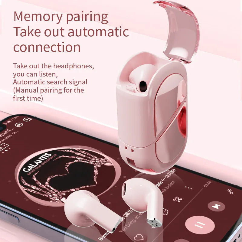 K520 Creative Rotatable Bluetooth wireless earphones in black, white, and pink colour options.