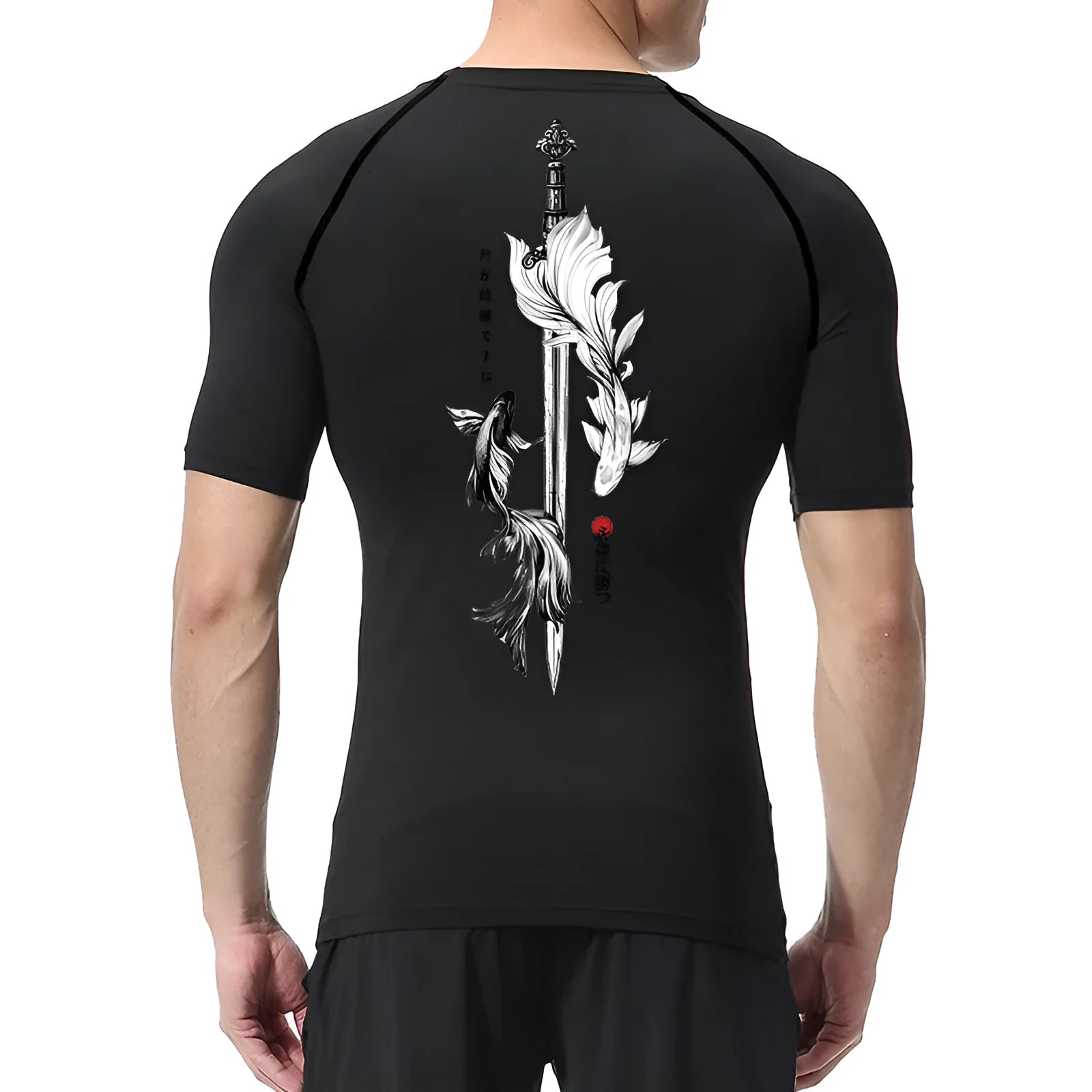Men's loose short sleeve compression shirt with sword print design in multiple colour options