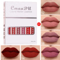 Set of six boxes of matte non-stick cup lip gloss in assorted colours.