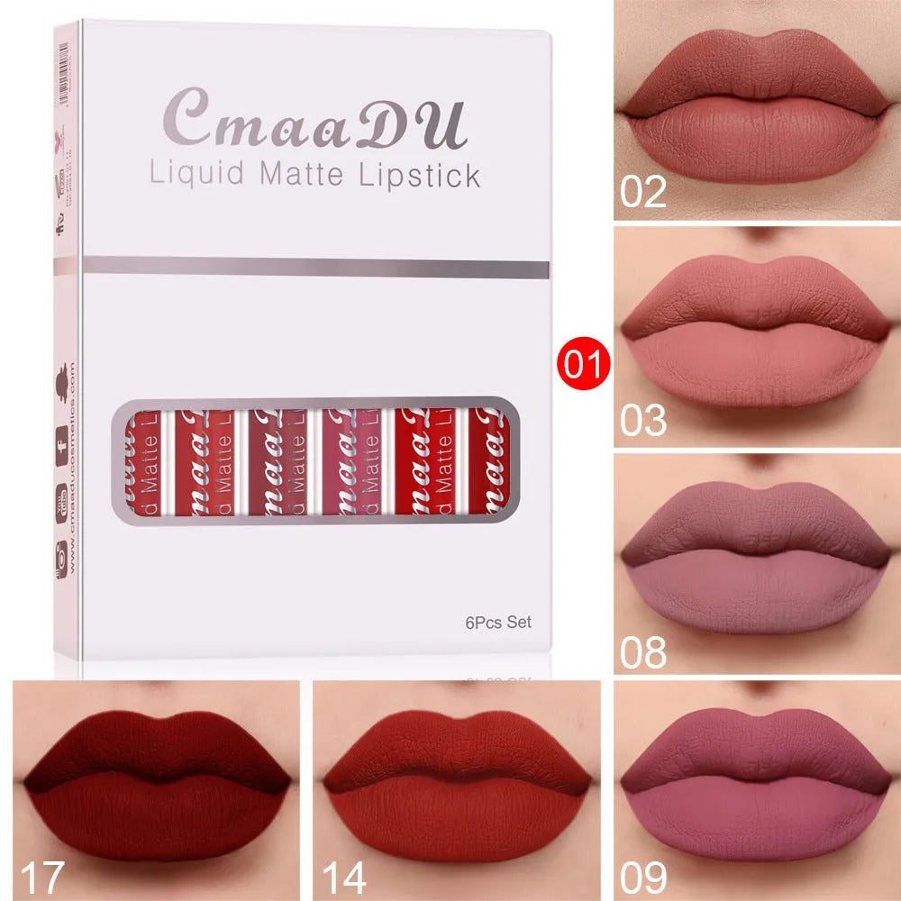 Set of six boxes of matte non-stick cup lip gloss in assorted colours.