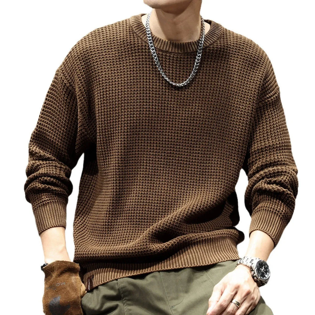 Men's loose fit cotton round neck sweater in dark coffee, thick needle retro knit, long sleeve pullover