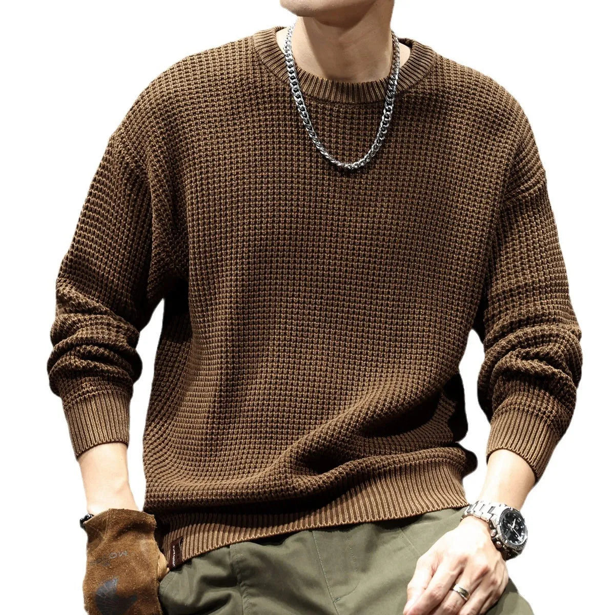 Men's loose fit cotton round neck sweater in dark coffee, thick needle retro knit, long sleeve pullover