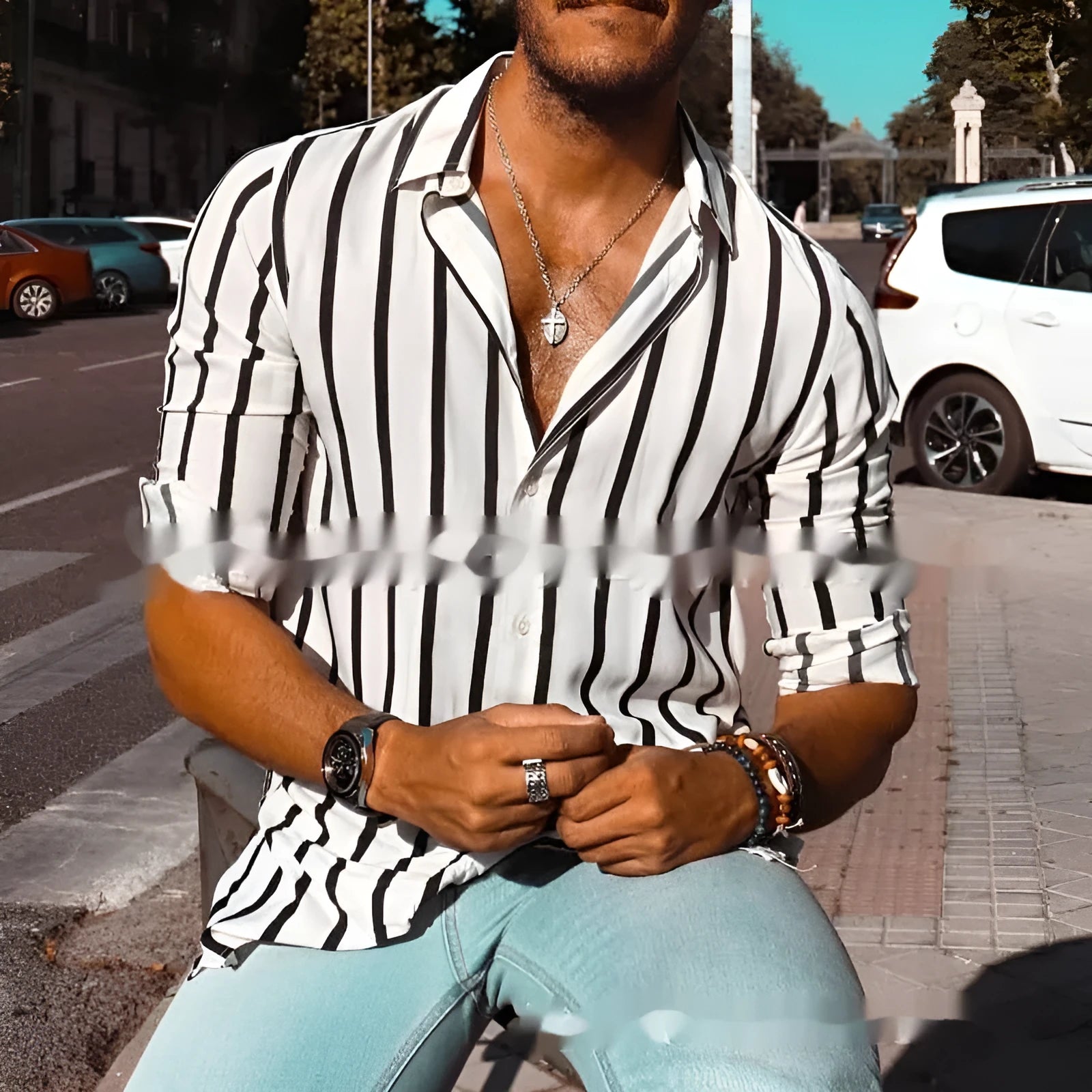 Men's loose striped casual button-up shirt in cardigan style for spring and autumn