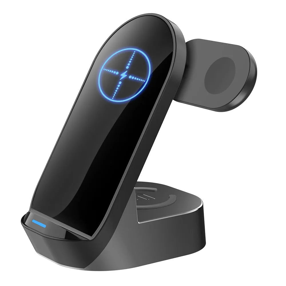 Black-grey foldable 3-in-1 wireless charging vertical stand for mobile phone, watch and headphones.