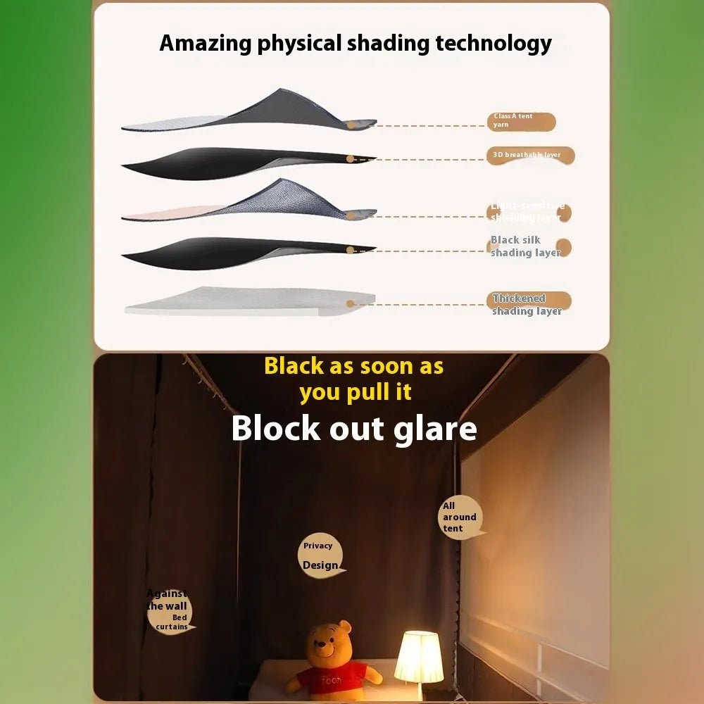 Grey integrated bed curtains with mosquito net for 0.9m width beds showing bracket system