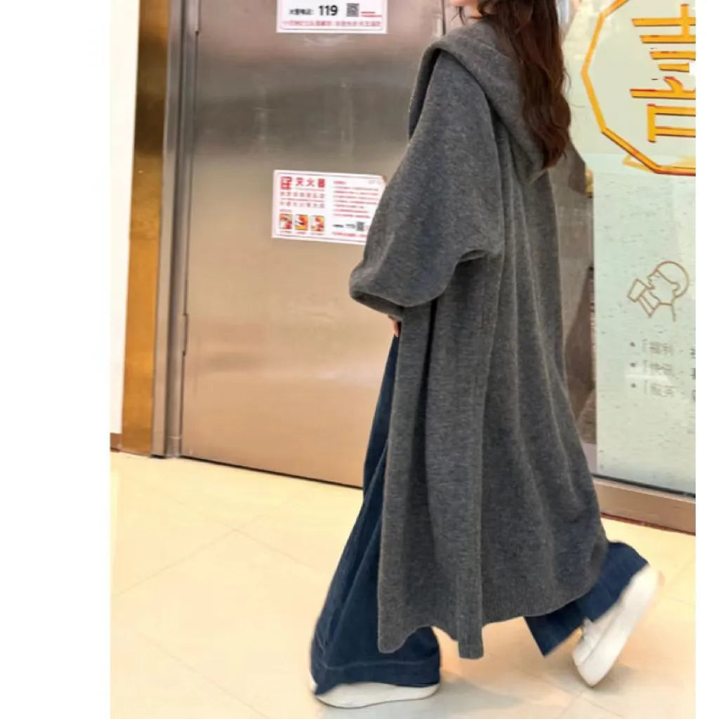 Korean-style long hooded cardigan for women in a wool blend, shown in a neutral colour.