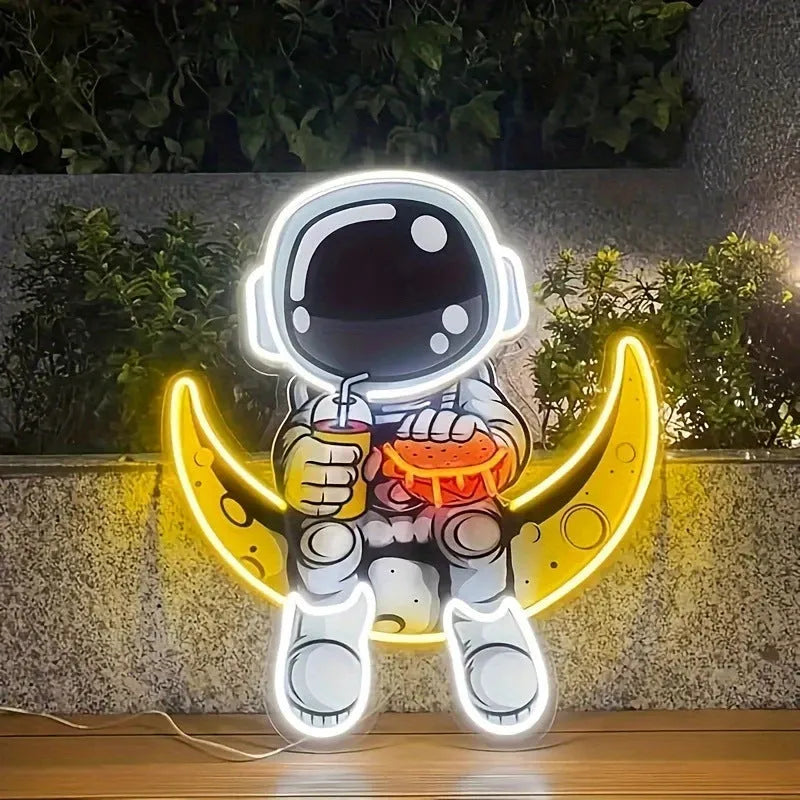 Astronaut design LED neon wall light with USB cable, measuring 30cm by 35cm in blue lemon yellow colour