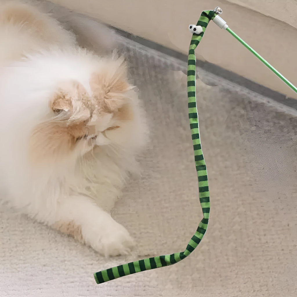 Green cat tease wand with a long plush strip and bell for interactive indoor play