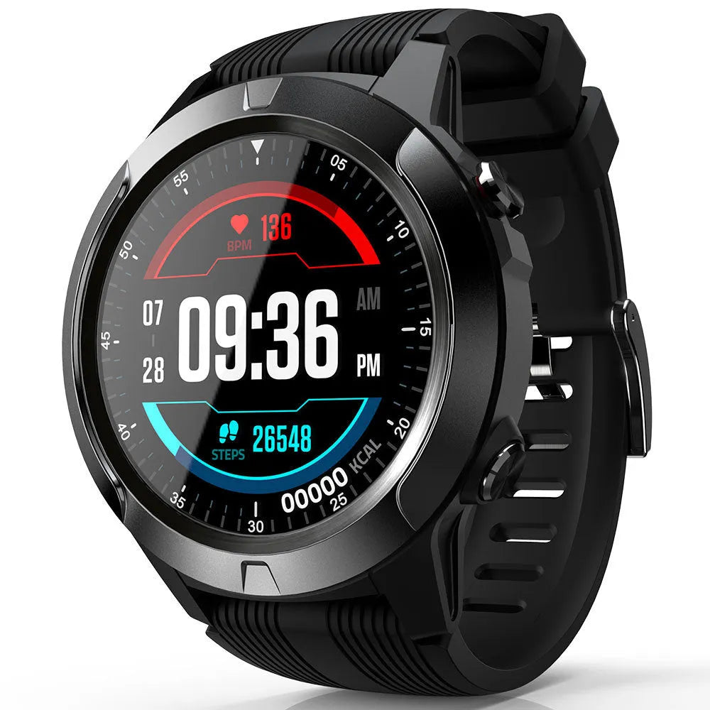 Black men's smart watch with digital screen showing fitness stats.