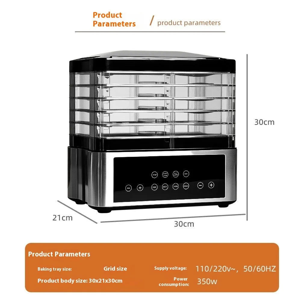 Silver stainless steel household food dehydrator with 14L capacity and digital temperature control.
