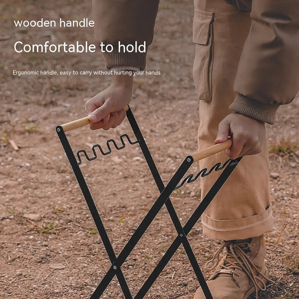 Folding outdoor rubbish rack with iron frame and wooden handle, shown in black colour.