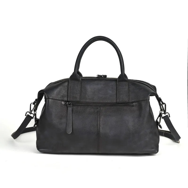 Women's retro genuine leather large-capacity handbag with polyester cotton lining, horizontal square shape, single strap, brown black coffee