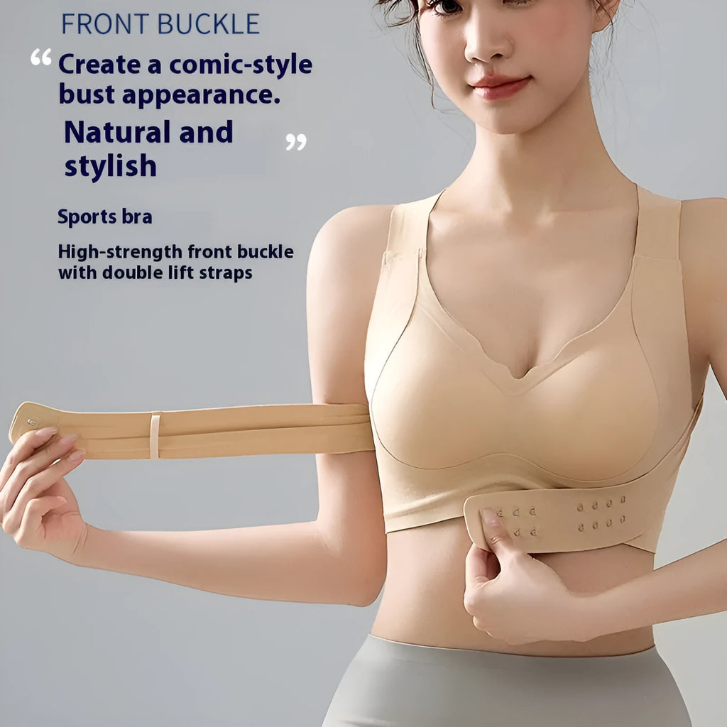 Women's cross-front yoga bra with buckle detail, moulded cups and back shaping design in three colour options