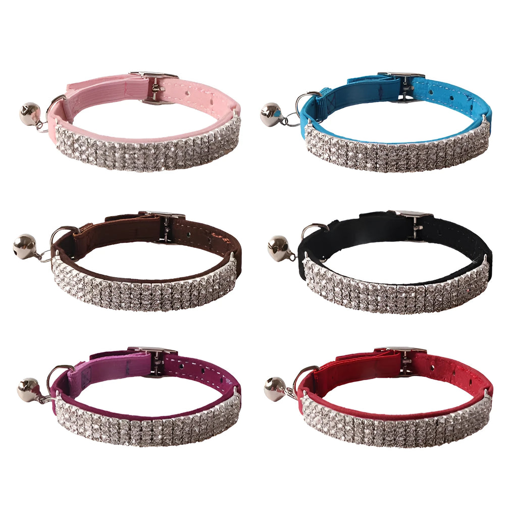 Soft flocking cat collar with elastic buckle in pink, black, red, blue, purple, and dark brown colours.