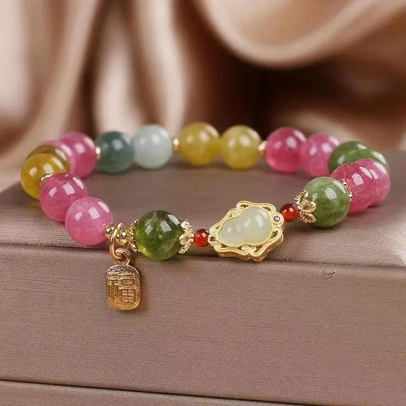 Colourful tourmaline gourd blessing card bracelet with flower shape and electroplated mixed materials