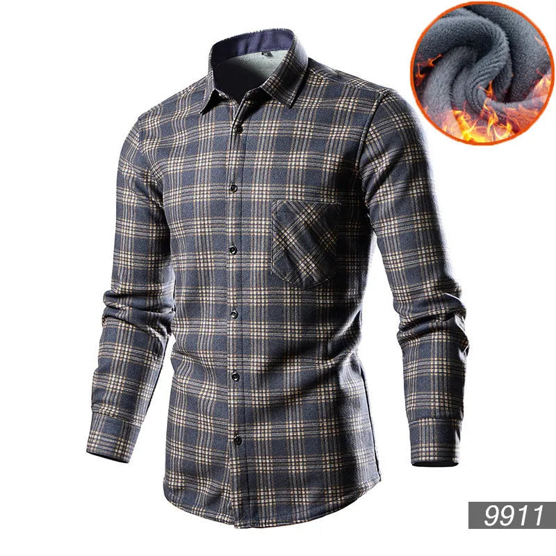 Man wearing a solid-colour fleece-lined cotton blend cardigan shirt in a loose fit.