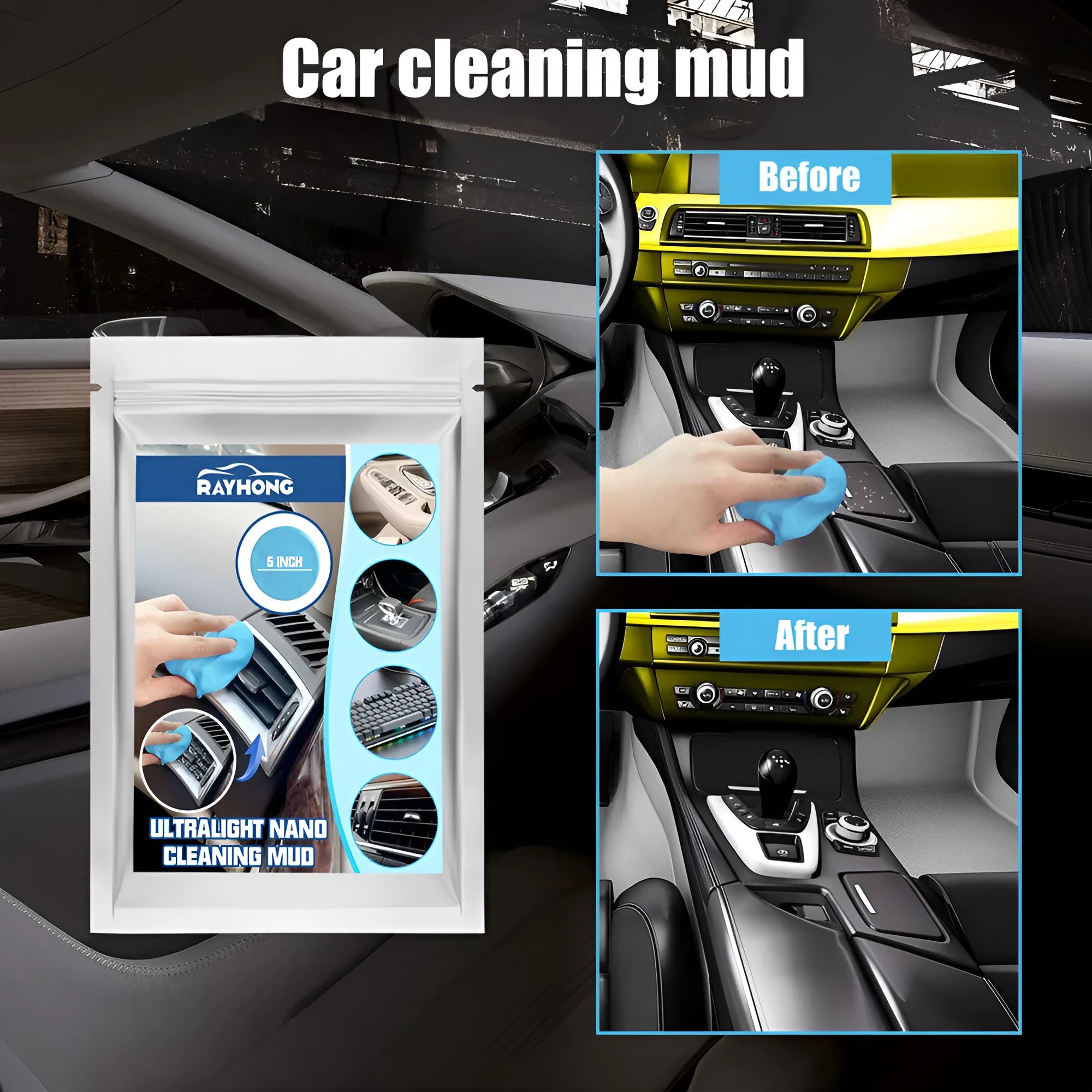20g car cleaning putty for removing dust from interior vents and gaps, shown next to a car air vent.