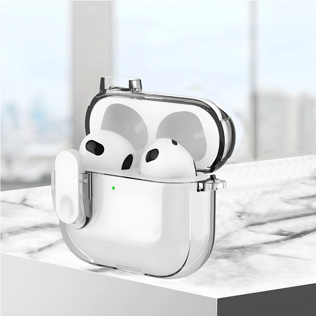 Transparent TPU earphone case for Apple AirPods 4, shown in transparent, grey and pink