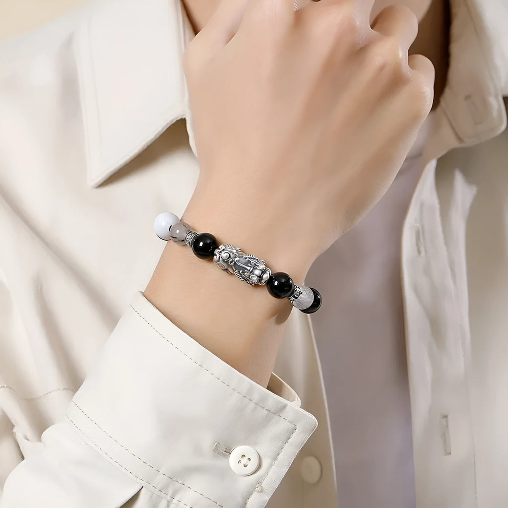 Sterling silver couple bracelet with hand-woven leather band and tassel decorations in national fashion style