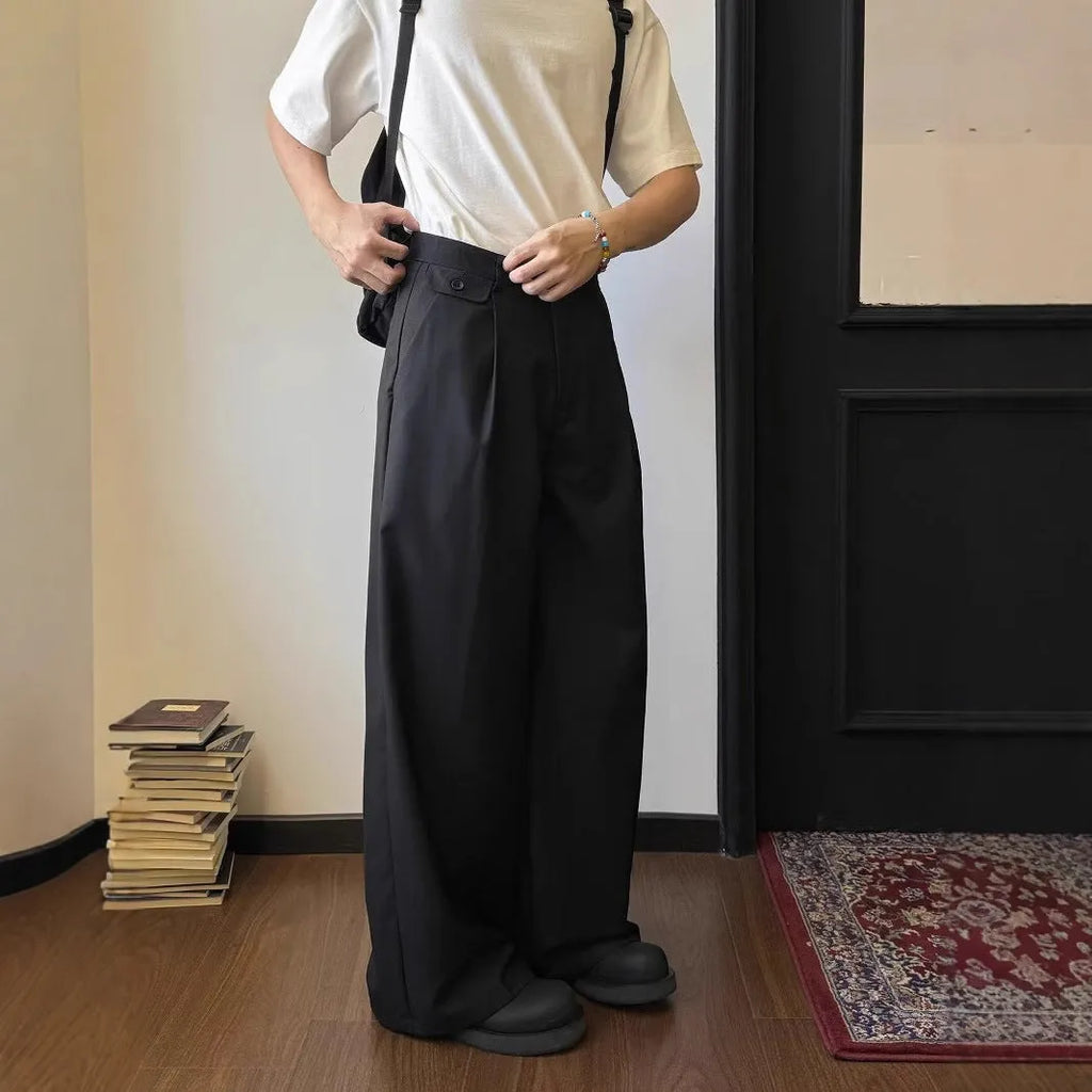 Men's straight loose wide-leg casual suit pants in black or brown draping polyester blend fabric