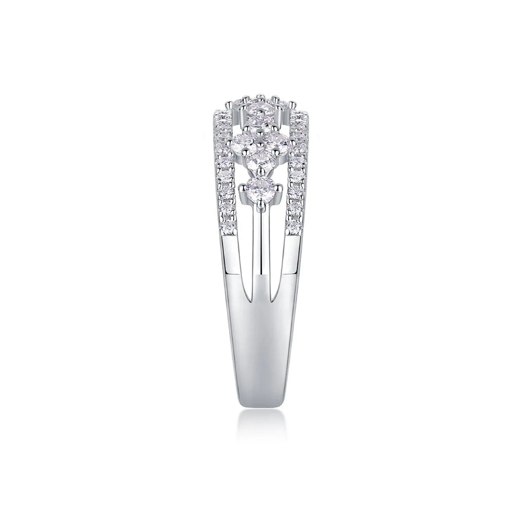 Moissanite wedding ring set on white background, S925 silver with platinum plating, ring size 7, includes GRA certificate and gift box