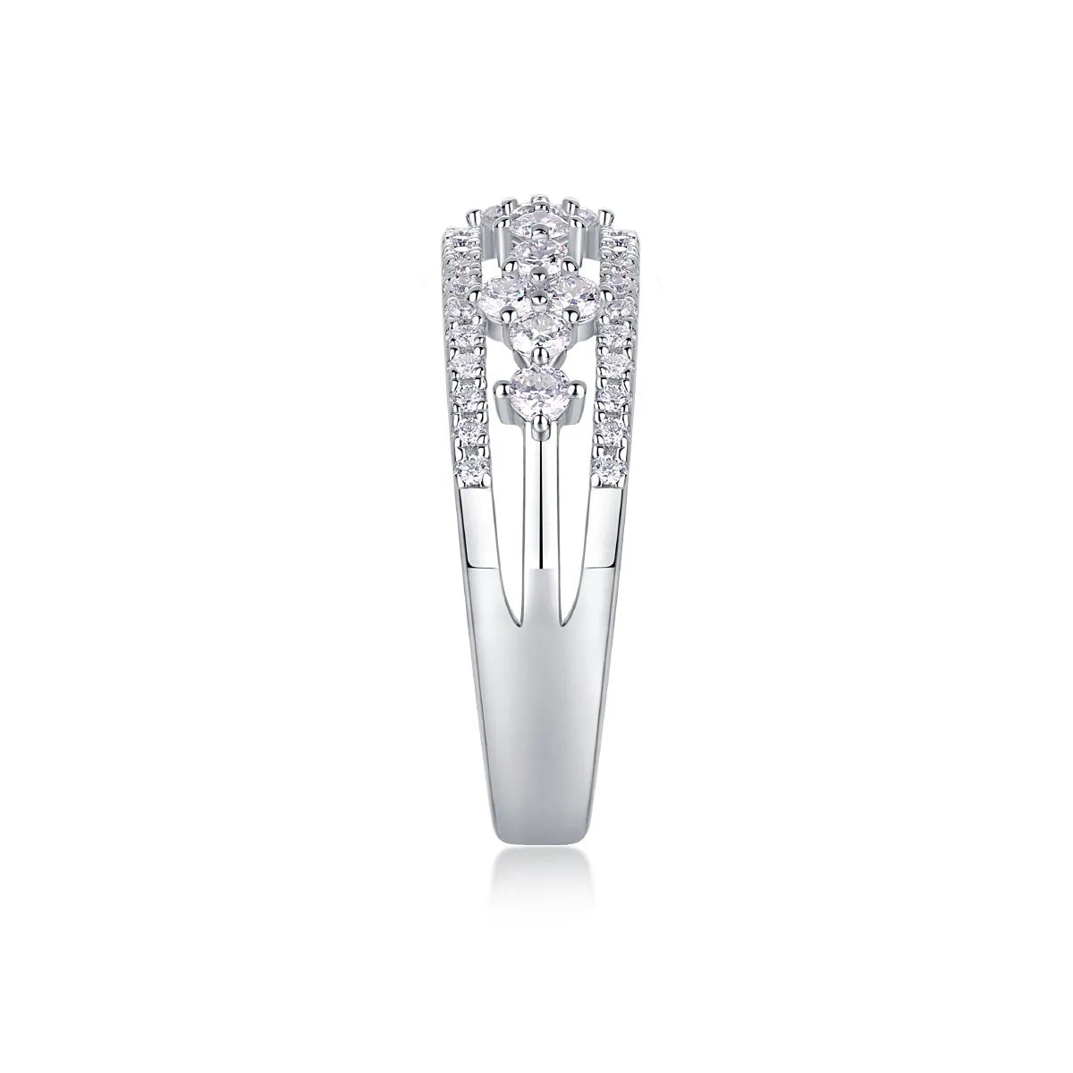 Moissanite wedding ring set on white background, S925 silver with platinum plating, ring size 7, includes GRA certificate and gift box