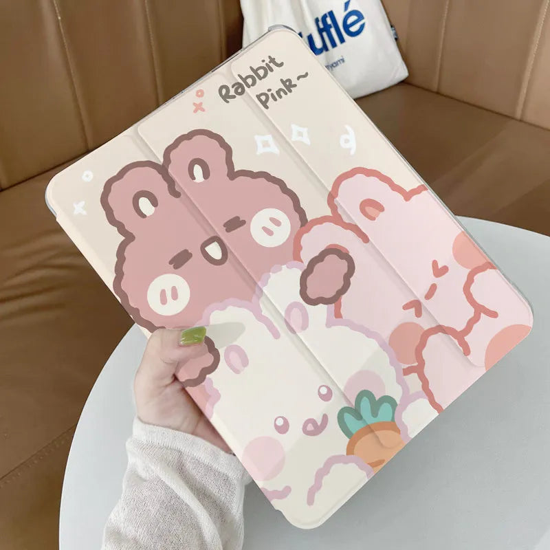 Silicone iPad tri-fold case with a cartoon rabbit design, laid flat.