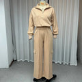 Women's light camel lapel short top and high-waist wide-leg trousers two-piece set