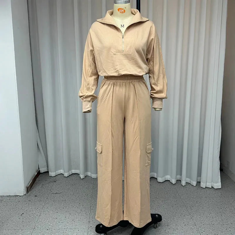 Women's light camel lapel short top and high-waist wide-leg trousers two-piece set