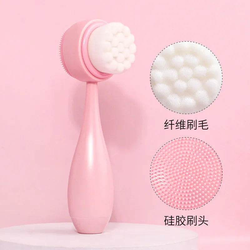 Purple gradient facial brush and matching coral fleece absorbent hair band set on a white background.
