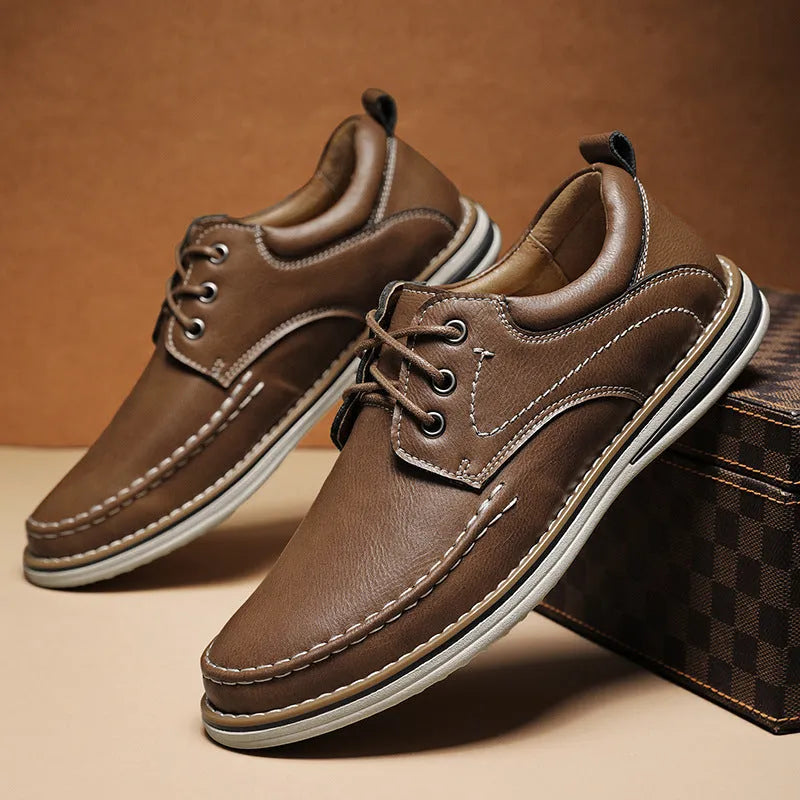 Men's black genuine leather casual lace-up shoes with round toe and low rubber sole