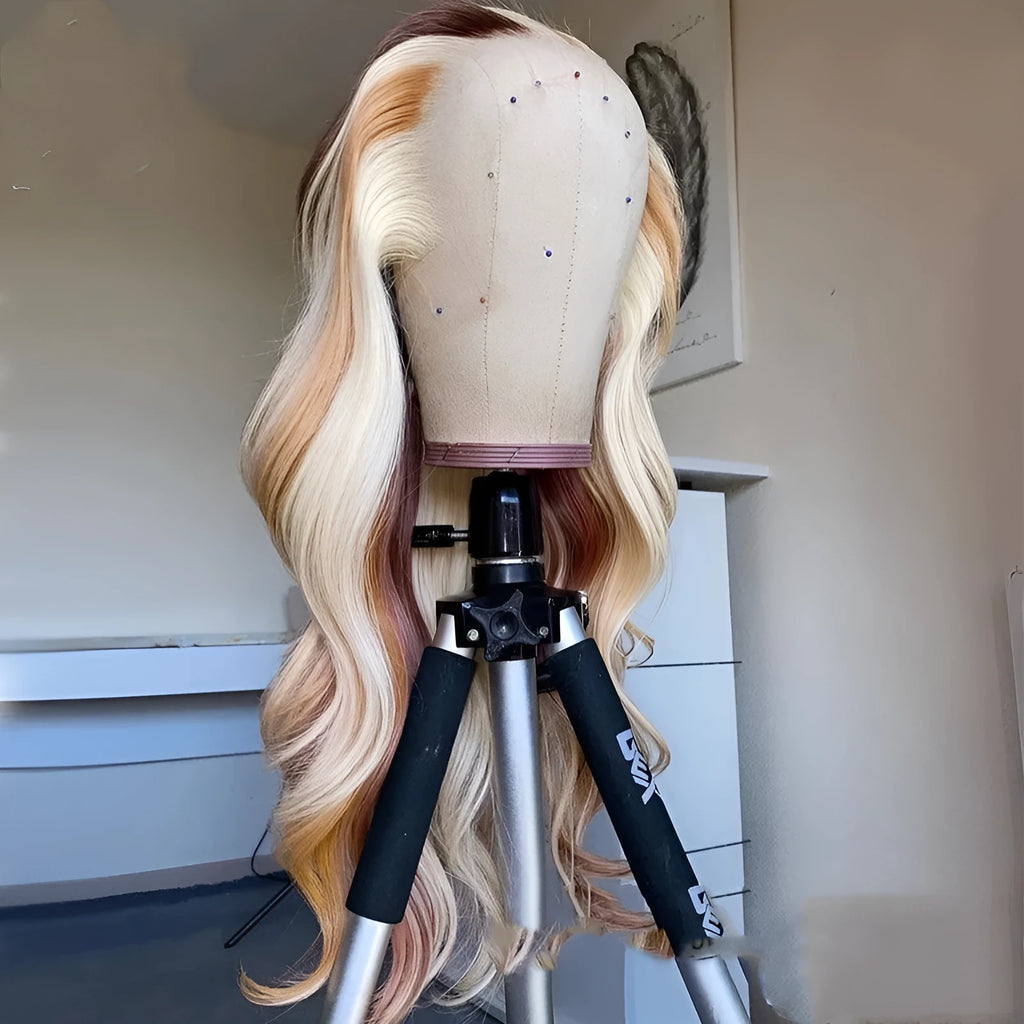100% human hair body wave lace front wig with blonde highlights and 13X4 lace