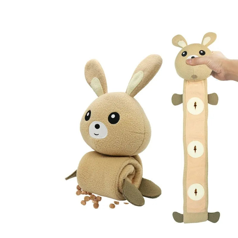 Poached bunny rabbit plush dog training toy with treat dispensing and sound features