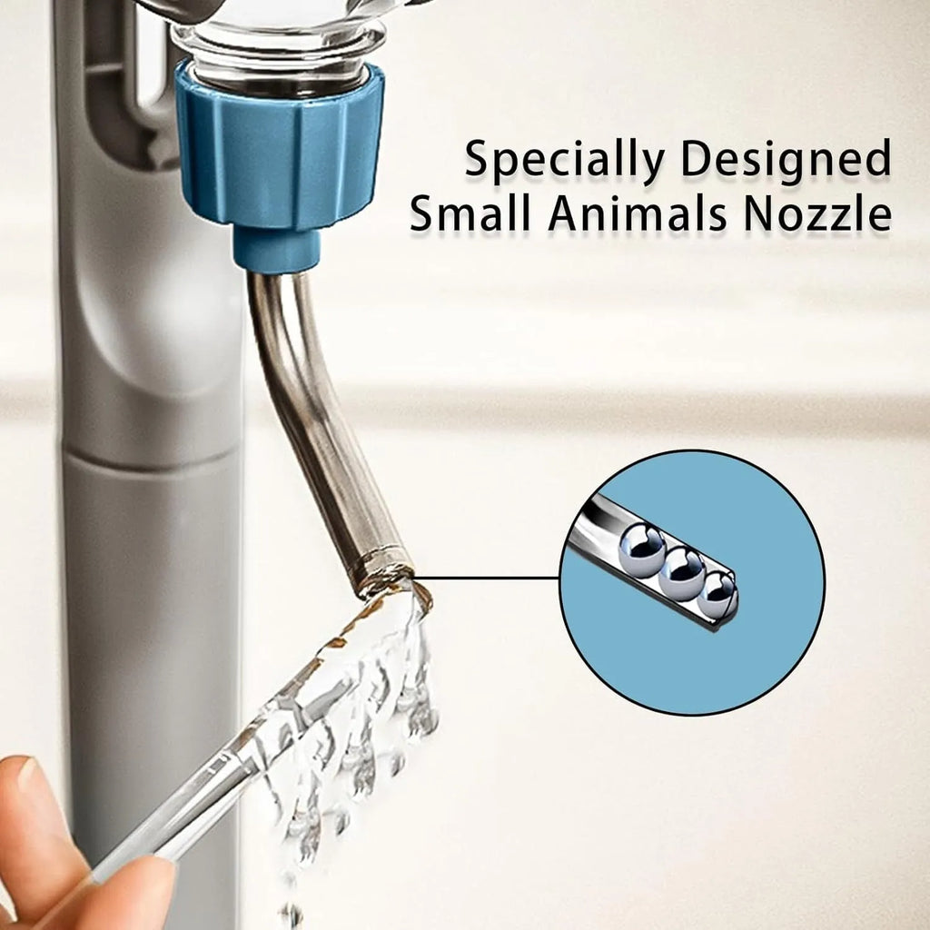 Blue pet water bottle with rotatable nozzle for small animal cages showing measurement scale