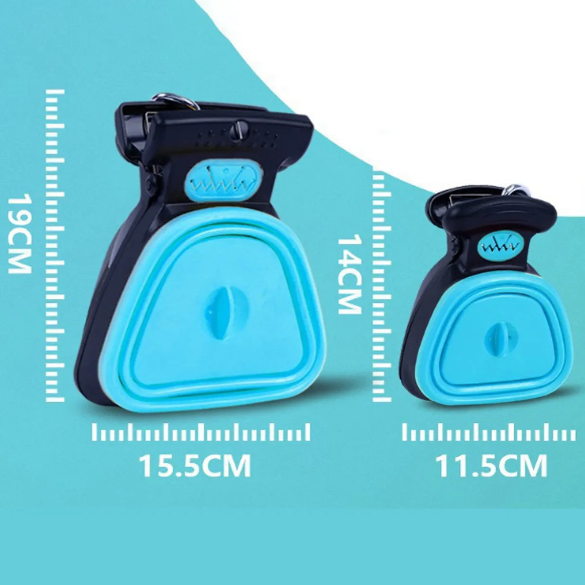 Blue handheld dog pooper scooper with clip and integrated waste bag compartment