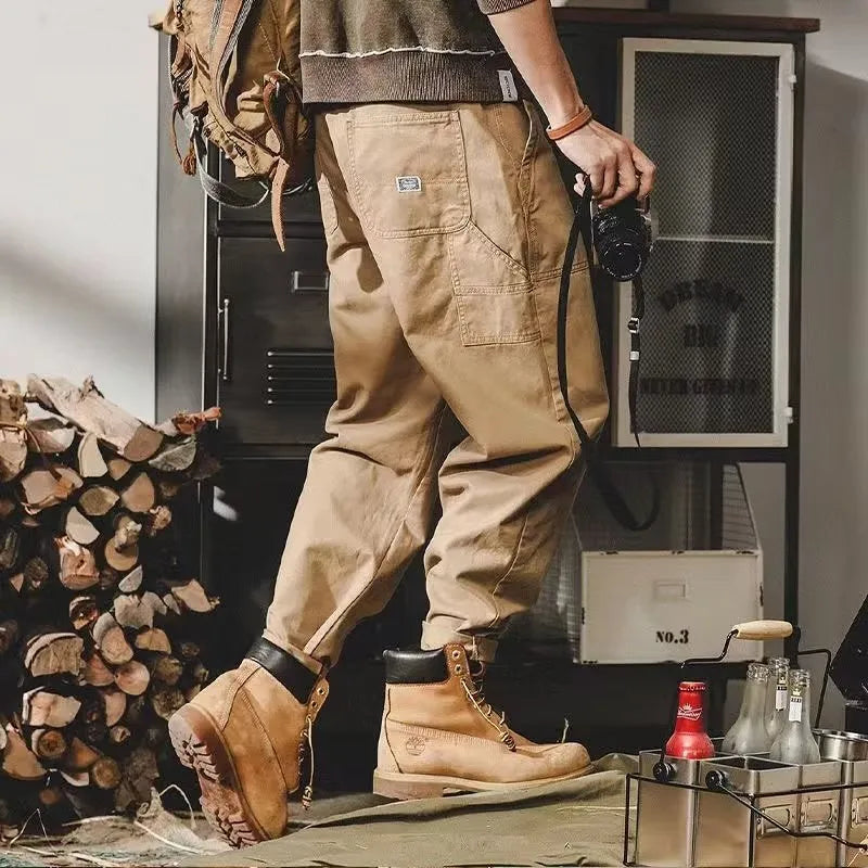 American retro lumberjack style ankle banded trousers for men in khaki, straight leg drawstring pants