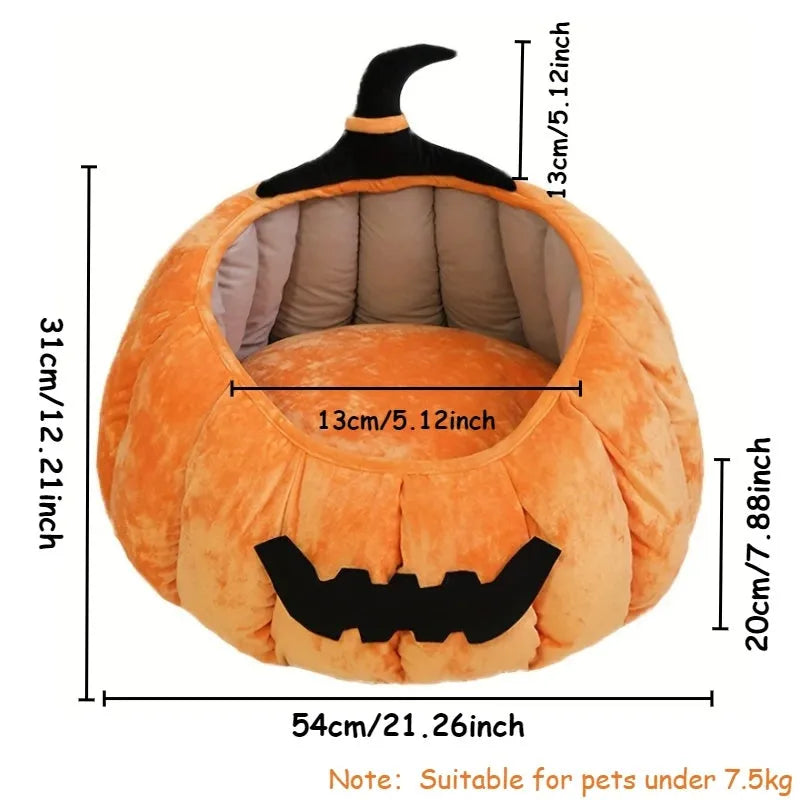 Orange Halloween pumpkin-shaped soft plush cat bed with a cartoon devil face design.