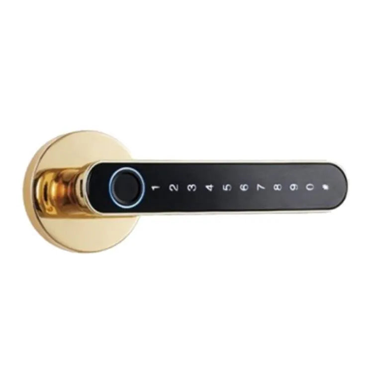 Smart door lock in black with fingerprint sensor in handle, supporting app, password and key unlocking