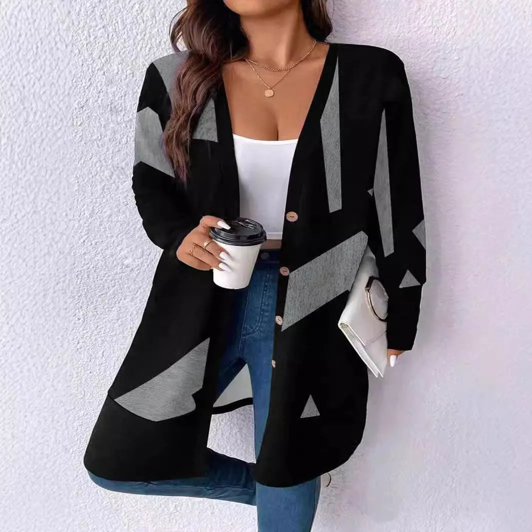 Black loose fit plus size cardigan coat with button stitching print detail