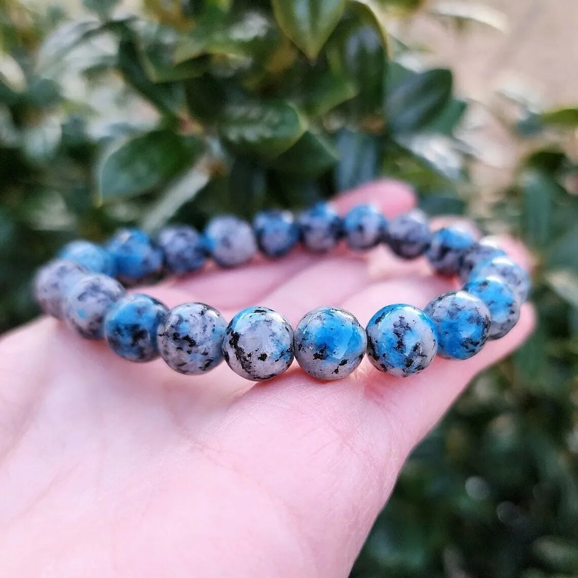 Handmade K2 Azurite stone bracelet with geometric beading in blue-green colour