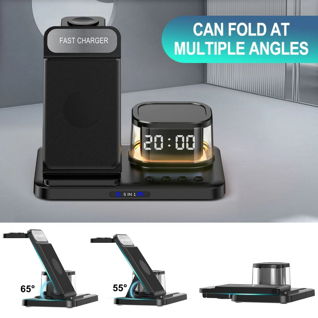 Black wireless charging stand three-in-one folding bracket with smartphone placed on angled charging pad