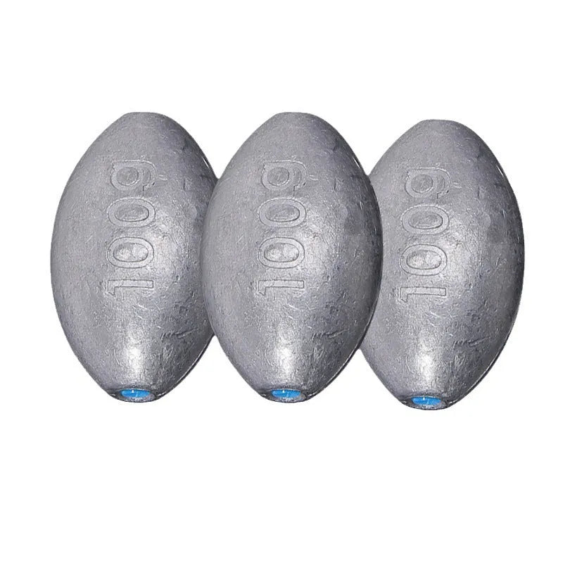 Olive coloured rugby-shaped fishing sinker with scale pattern, showing 10g to 150g weight options